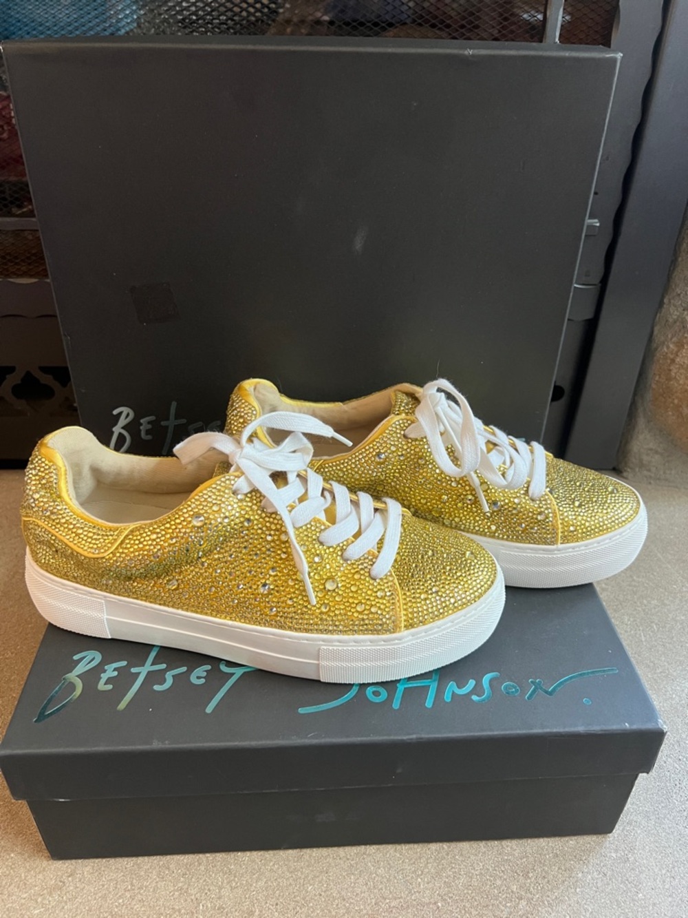 Betsey Johnson Yellow Gold Crystal Trainers with White Soles